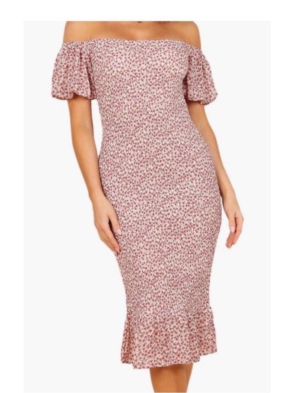 Petal & Pup Blush Pink Floral Off-Shoulder Midi Dress